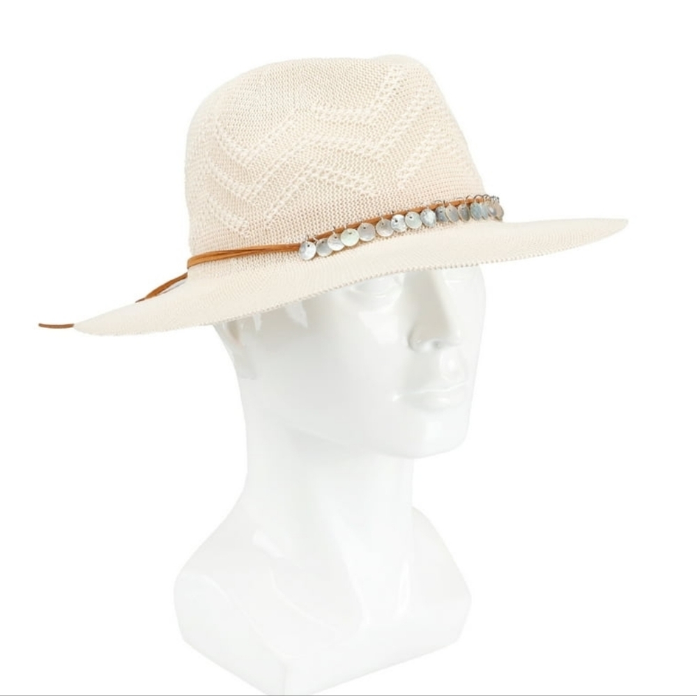 NWT Jessica Simpson Womens Knit Panama Hat w/ Shell Trim Cream Festival Concert